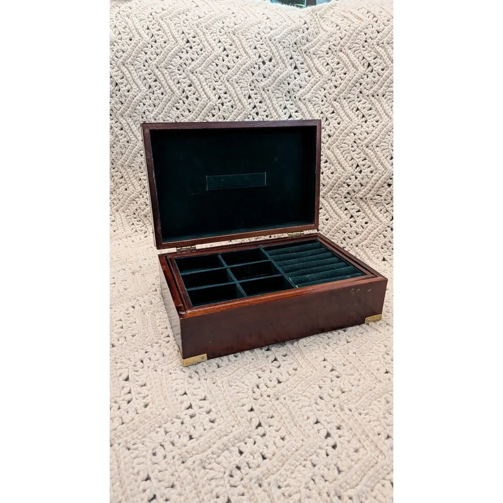 Vintage Wood Jewelry Box Brass Corner Campaign Style Green Velvet Lining 11x7x4